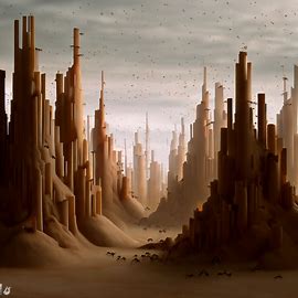 Create a surreal landscape populated by termites, with their mounds appearing as towering cities.. Image 2 of 4