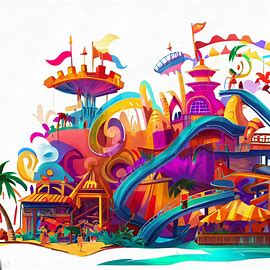 Design and illustrate a colorful and entertaining amusement park with an adventurous twist.. Image 3 of 4