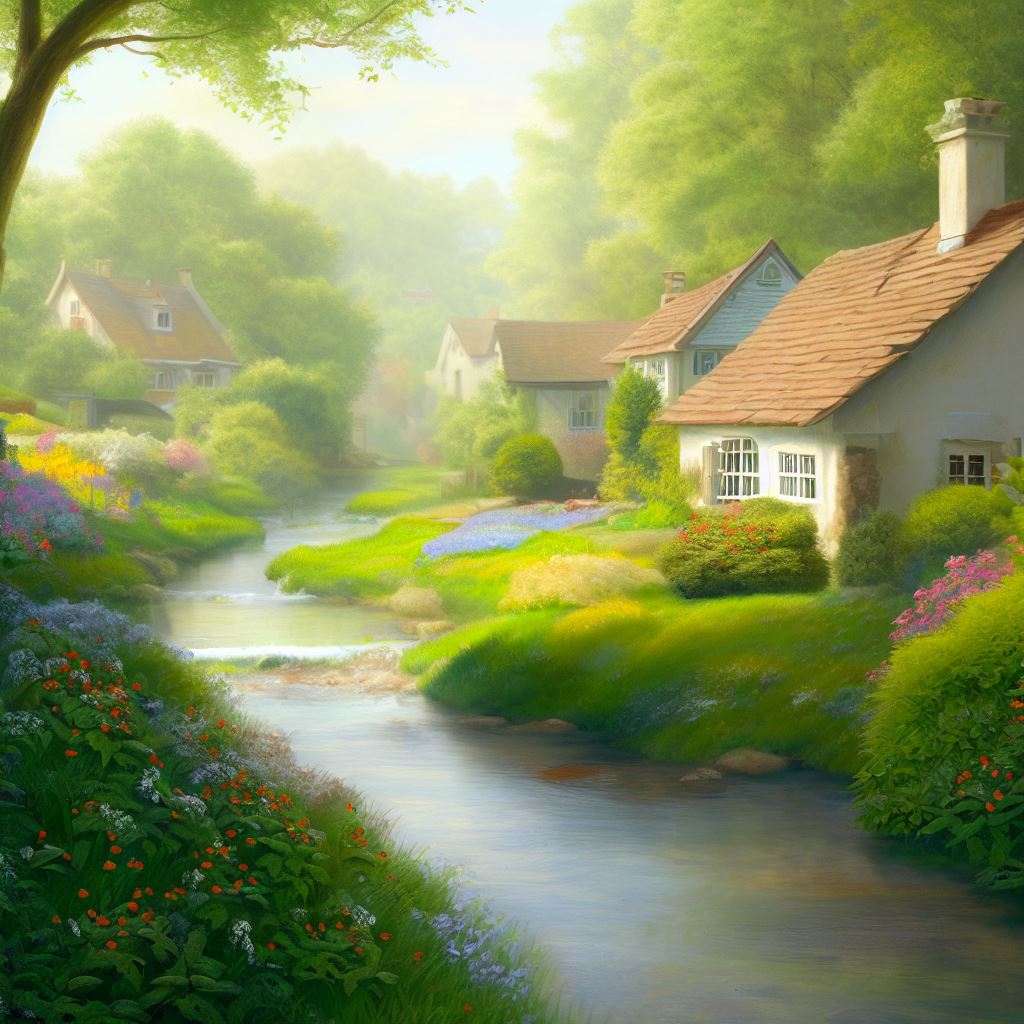 Create a pastoral scene of a quaint countryside village in the height of spring, with lush greenery, a gently flowing stream, and quaint cottages dotted about.