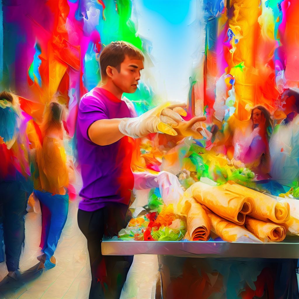 Create a colorful and vibrant scene of a bustling street food street vendor selling delicious spring rolls to a hungry crowd.。第 2 个图像，共 4 个图像