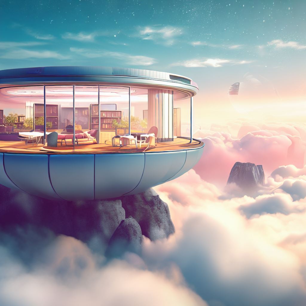 Imagine a futuristic cafe floating peacefully among the clouds, offering breathtaking views of the city below