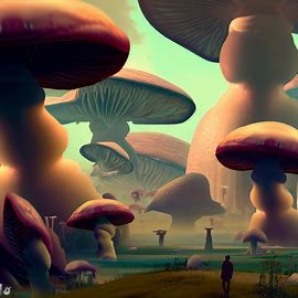 Construct a surrealist image of a dreamlike world filled with giant mushrooms and other magnificent forms of fungi.. Image 4 of 4