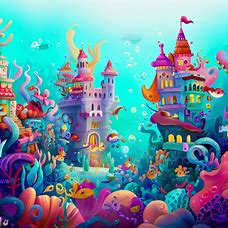 Create a whimsical and colorful underwater city called 'Bari' filled with sea creatures and mermaids.