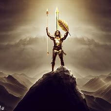 Create an image of a majestic, gold-plated spear held by a proud warrior standing atop a mountain.
