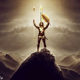 Create an image of a majestic, gold-plated spear held by a proud warrior standing atop a mountain.. Image 1 of 4