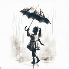 Draw a picture of a child in the rain holding an umbrella