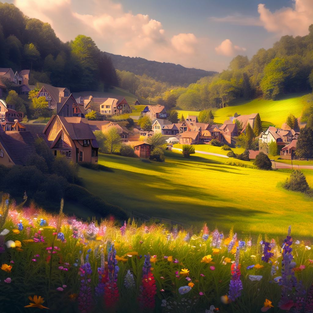 Imagine a quaint, picturesque town nestled amidst rolling hills and fields of wildflowers.