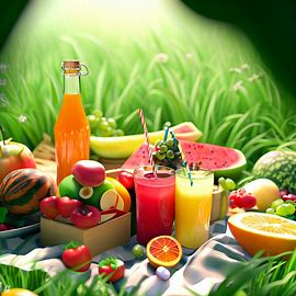 Render a delicious summer picnicking scene with fresh fruit and drinks surrounded by lush green grass.. Image 3 of 4