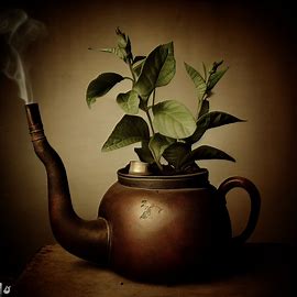 A surreal and whimsical still life of a tobacco plant growing out of a teapot.. Image 3 of 4