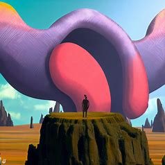 Create a surreal landscape where a giant ear is the centerpiece.