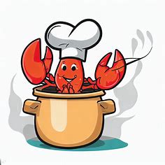 Illustrate a cartoon-style lobster wearing a chef hat, cooking in a pot.