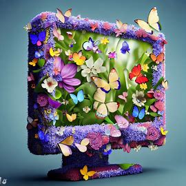 Create an image of a computer made entirely out of flowers and butterflies。第 1 个图像，共 4 个图像