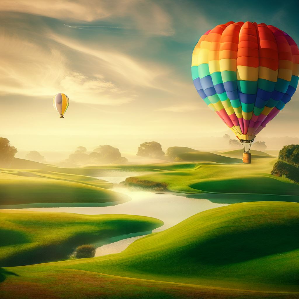 Imagine a colorful hot air balloon floating over a serene golf course dotted with water hazards.。第 2 个图像，共 4 个图像