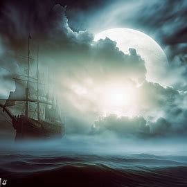Create a stunning and ethereal image of a majestic ship sailing on a cloudy sea with the moon shining through the clouds.. Image 3 of 4
