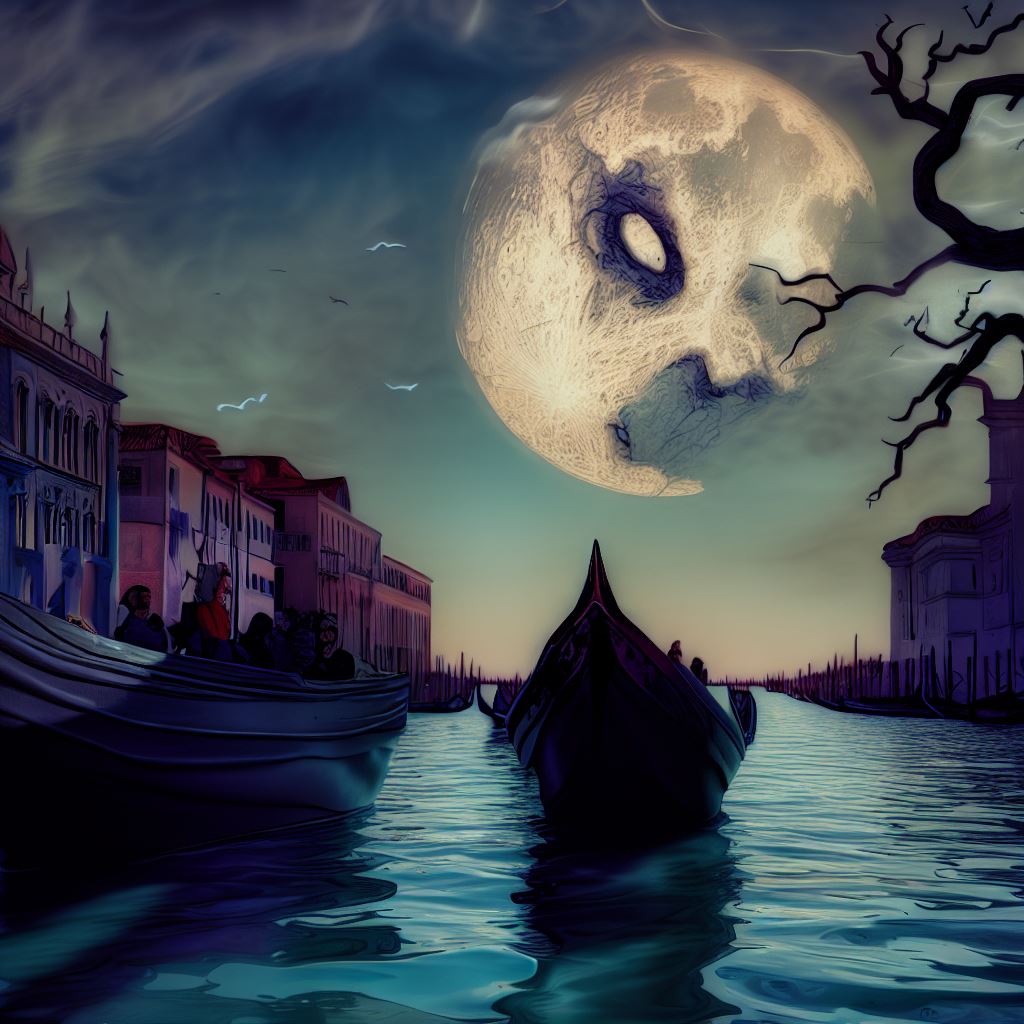 Render a surreal image of Venetian gondola rides, featuring a haunting moon in the evening sky".
