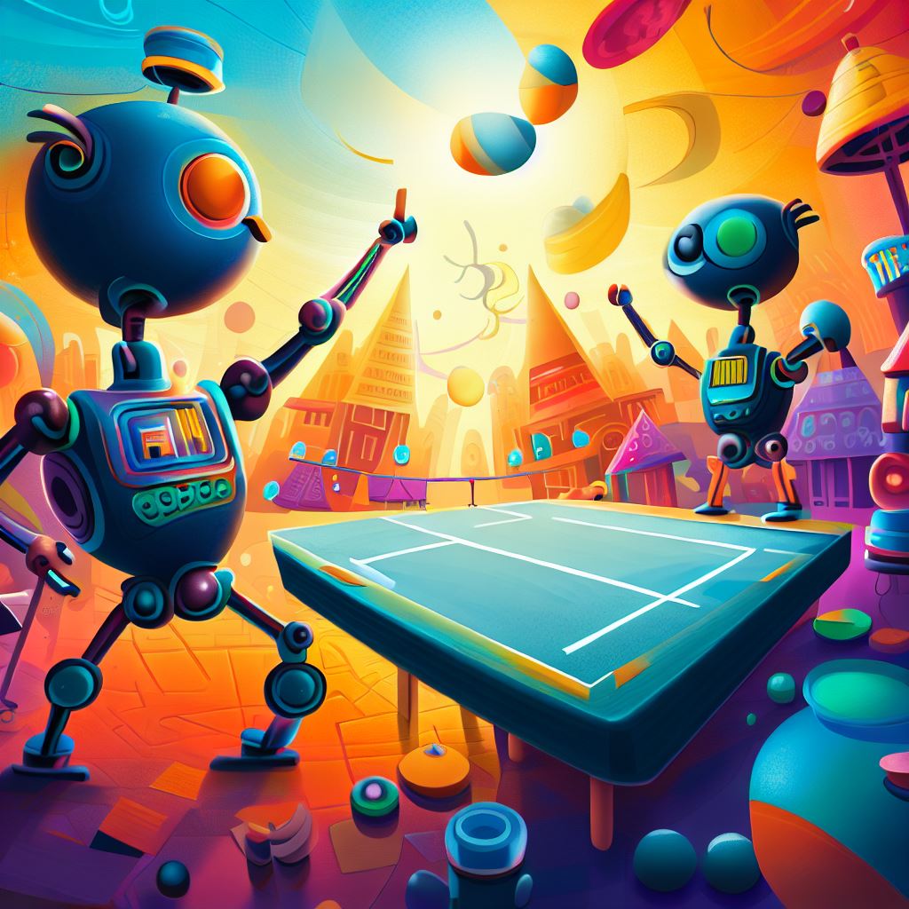 Create a whimsical and colorful illustration of two robots playing table tennis in the middle of a futuristic city.