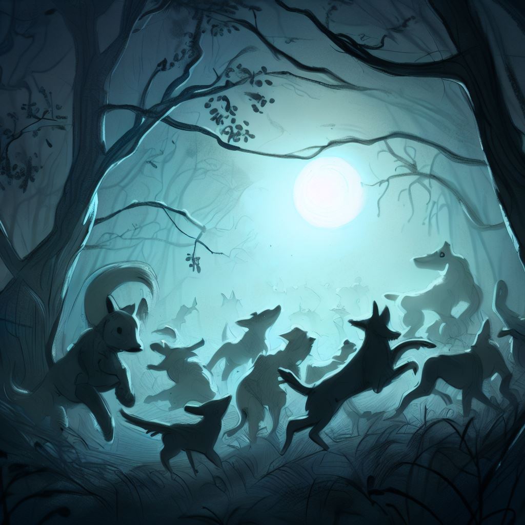 Draw a whimsical scene of a pack of dogs playing in a moonlit forest.