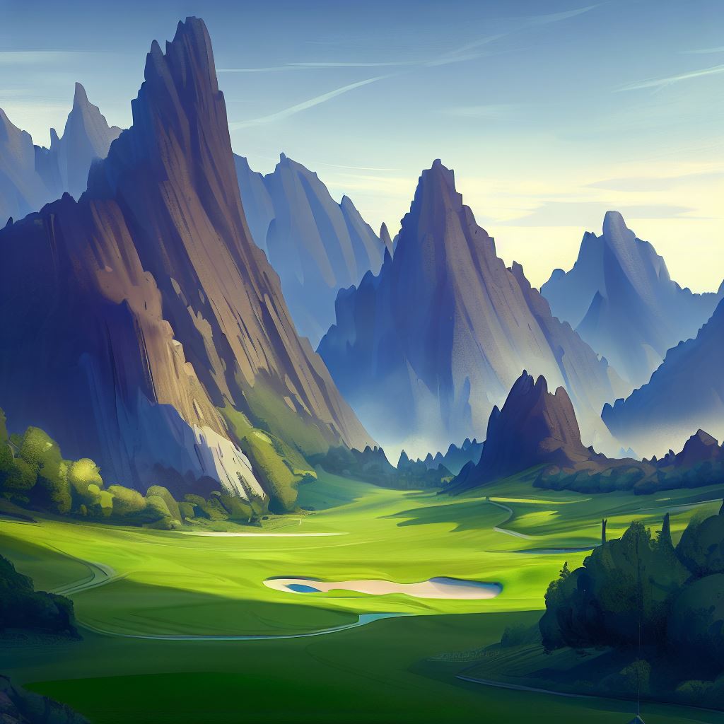 Draw a majestic golf course surrounded by towering mountain peaks.