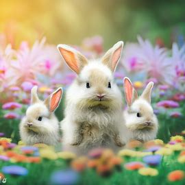 Create an image of a group of fluffy bunnies standing in a meadow, surrounded by colorful flowers.. Image 1 of 4
