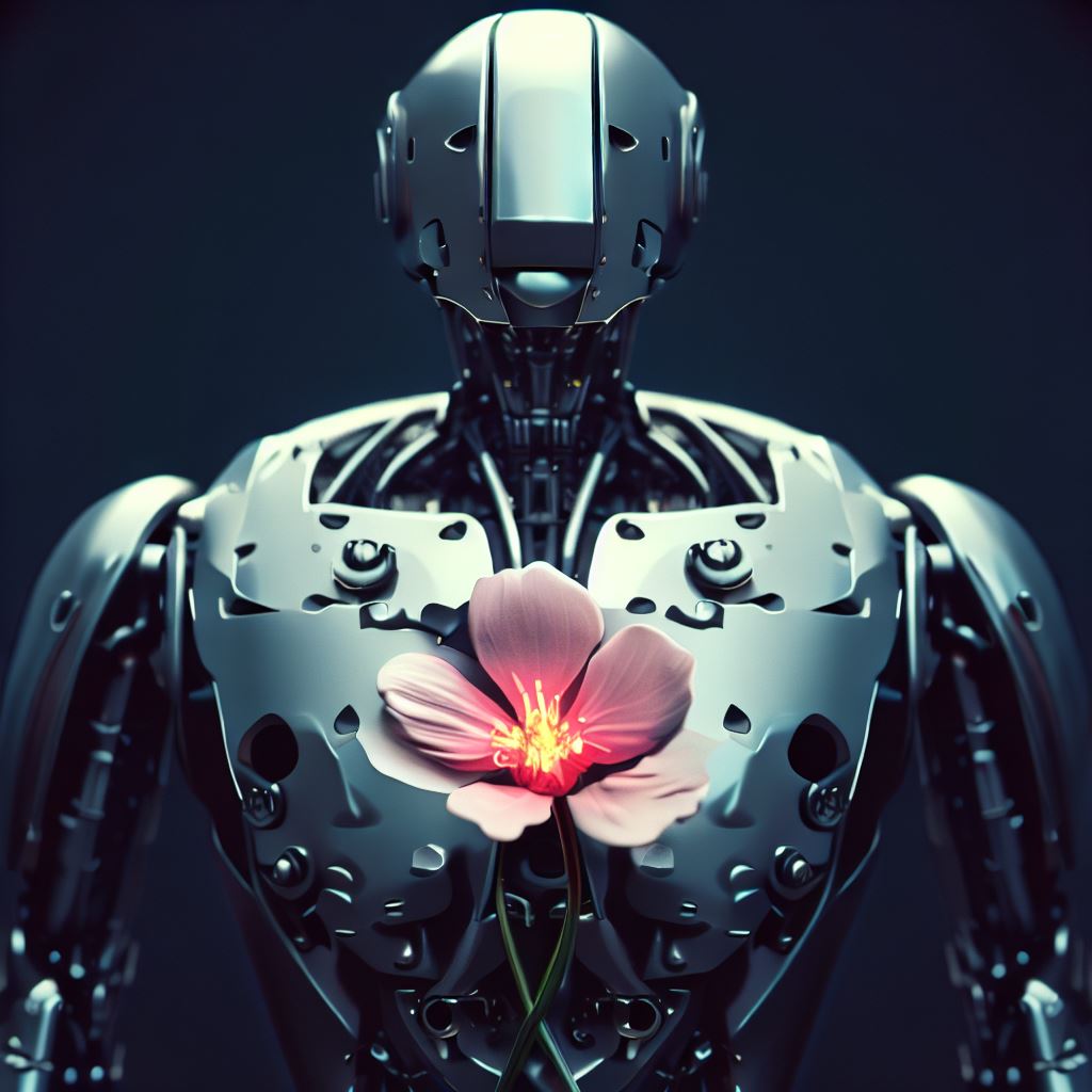 Create a metallic robot with a flower blooming from its chest.