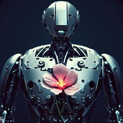 Create a metallic robot with a flower blooming from its chest.