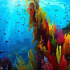 Create a vibrant underwater garden with a variety of colorful kelp plants cascading down from their anchors at the top of a lush reef.