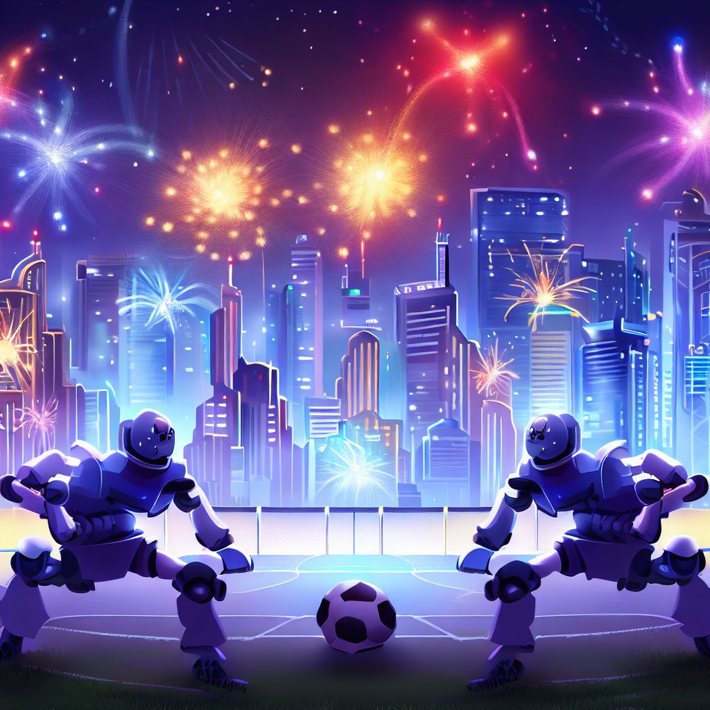 Illustrate a city skyline at night, showing a bright display of lights and fireworks, as two teams of robots face off in a high-stakes soccer match.。第 2 个图像，共 4 个图像