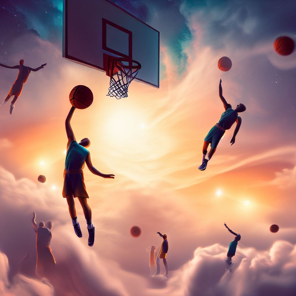 Create a surreal interpretation of a basketball game where players are floating through the air while they shoot hoops.。第 4 个图像，共 4 个图像
