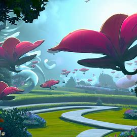 Imagine a beautiful garden with futuristic floating flowers and winding paths.. Image 3 of 4