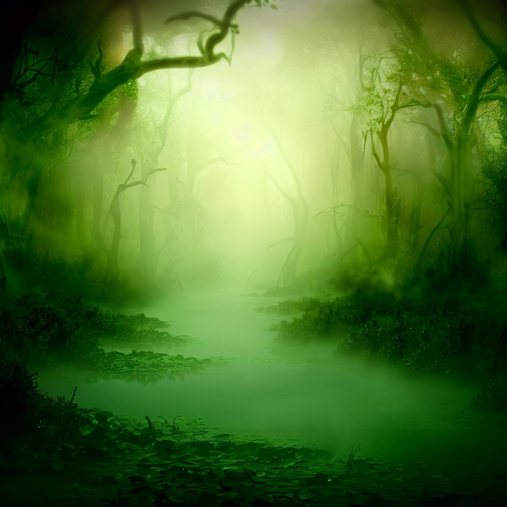 Create an image of a swamp filled with vibrant green foliage and eerie mist.