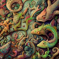 Create an intricate and whimsical world inhabited by a variety of vibrant and imaginative lizards.
