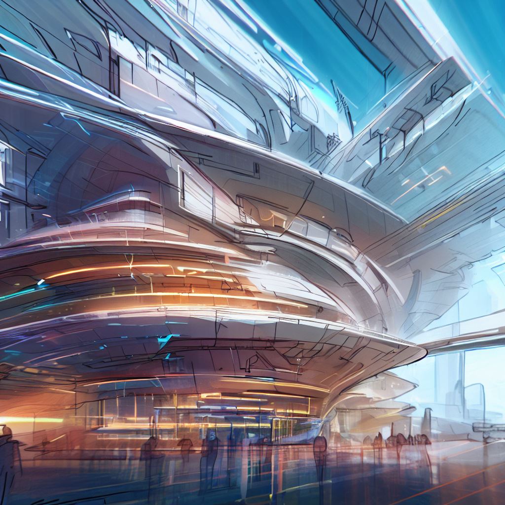 Draw a high-tech building with futuristic architecture in a bustling city.