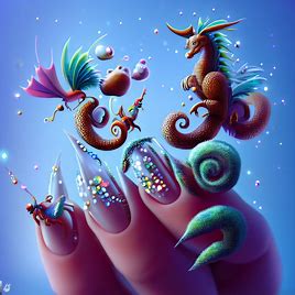 Design a magical fairytale world where nails take on the form of mythical creatures like dragons and squirrels.