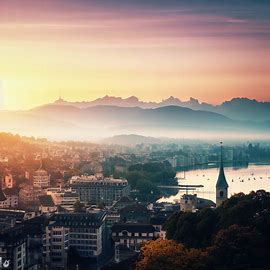 Create a breathtaking view of Zurich at sunrise with mountains in the background.. Image 4 of 4