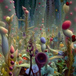 Create an image of a whimsical garden filled with odd and unusual plants and flowers, but instead of blooms, the plants have little chickenpox spots growing on them.. Image 1 of 4