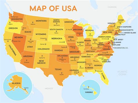 Detailed Vector Map of United State of America with States and Cities Name with International ...