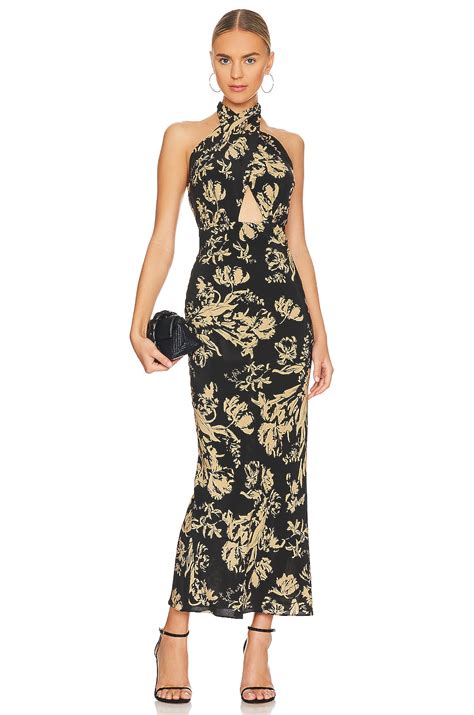 Shona Joy Dawm Halter Bias Midi Dress in Black & Sand | REVOLVE