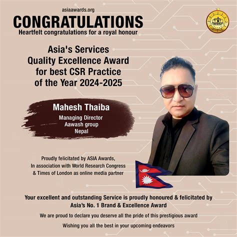 Mahesh Thaiba has bagged Asia's Services Quality Excellence Award for ...