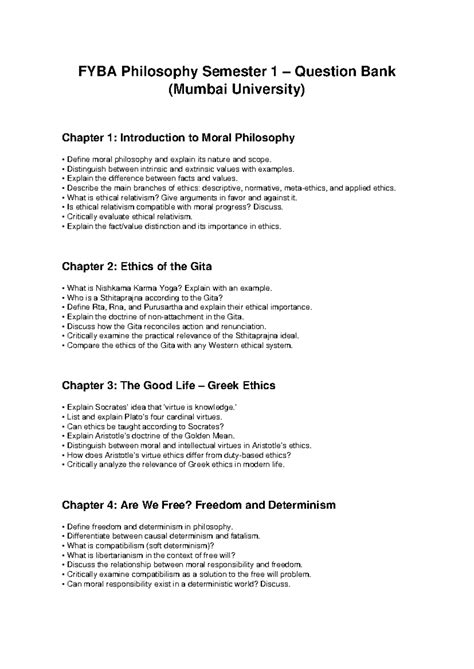 FYBA Philosophy Sem 1 Question Bank: Moral Philosophy & Ethics - Studocu
