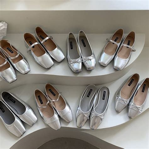 Silver Mary Jane Shoes, Women Retro Square Toe Flats, Silver Ballerina ...