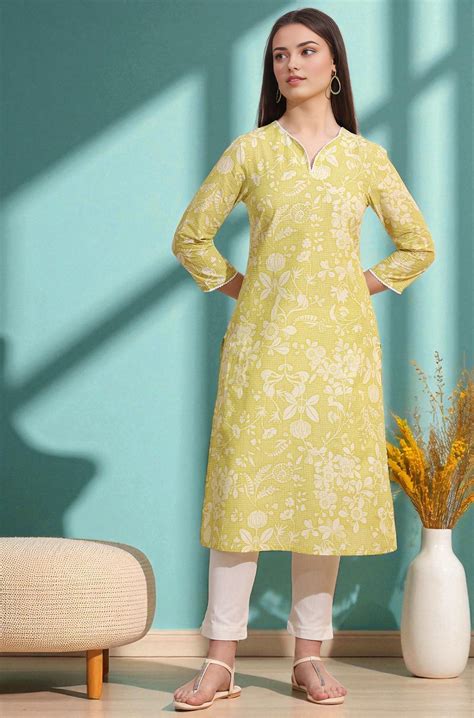 Lime Yellow Bold Floral Printed Cotton Cambric Straight Kurta – wforwoman