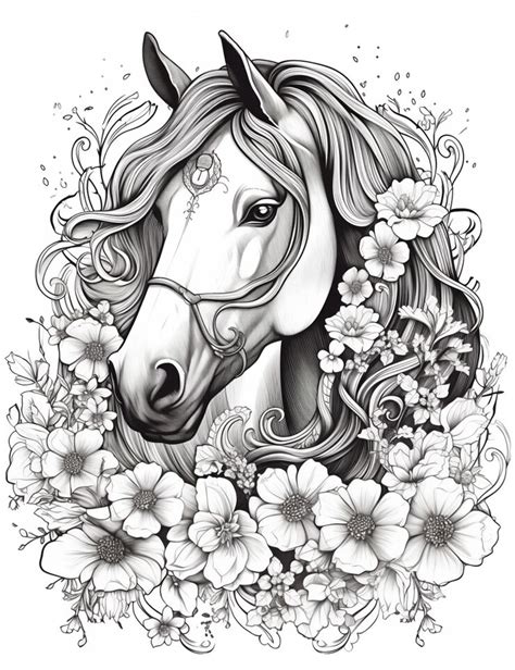 Czarno-biały rysunek przedstawiający konia z kwiatami wokół niego ...