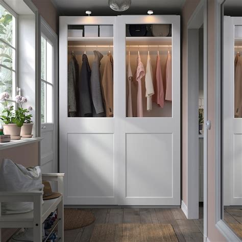 PAX / GRIMO wardrobe with sliding doors, white/clear glass white ...