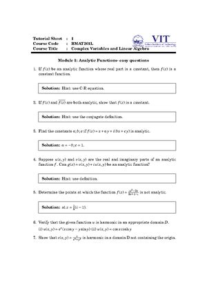 BMAT201L Tutorial Sheet Module 7 - BMAT201L-Complex Variables and ...