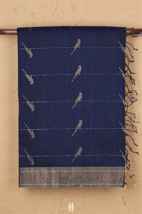 Raw Silk Saree In Oxford Blue With Parrot Design