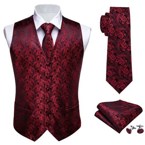 Burgundy Red Mens Wedding Waistcoat Formal Black Paisley Vest Suit Tie ...