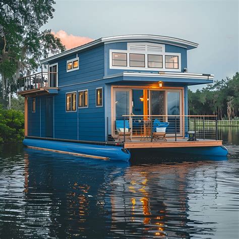 Modern Blue Pontoon Houseboat with Two-Story Design and Scenic Views ...