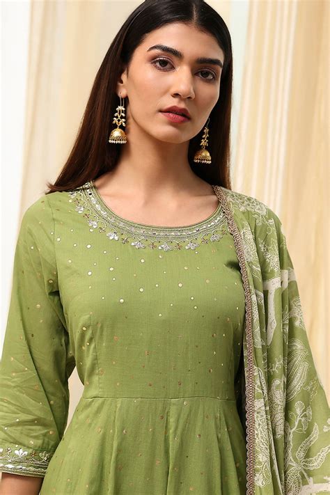 Buy Green Cotton Foil Printed Anarkali Suit Set Online at Biba India