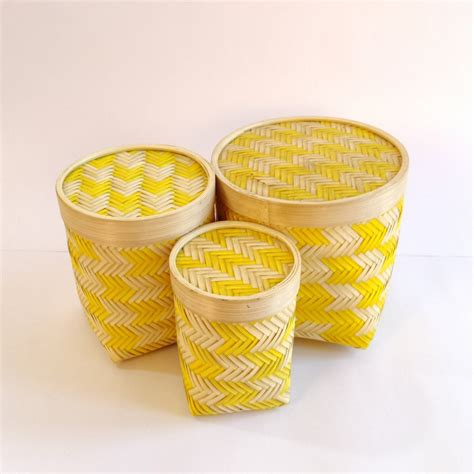 Bamboo Round Storage Box Set of 3 with Lid - Yellow – Woodygrass