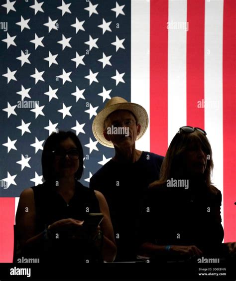Attendees are silhouetted in front of an American flag as they waited ...
